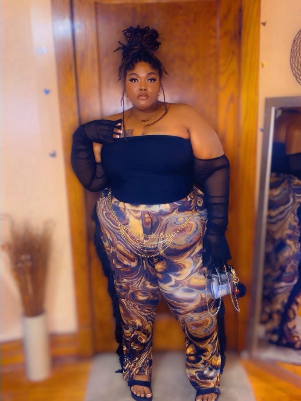 Plus Size Black Strapless Top with Swirl Print Pants